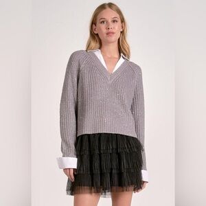 🩶NWT ELAN size LARGE Silver sequin "sweater" long sleeve, white collar button up